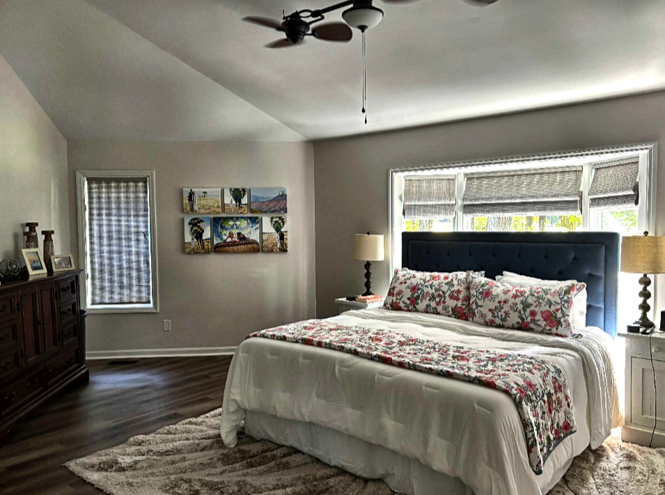 Master suite with split king bed and vaulted ceiling